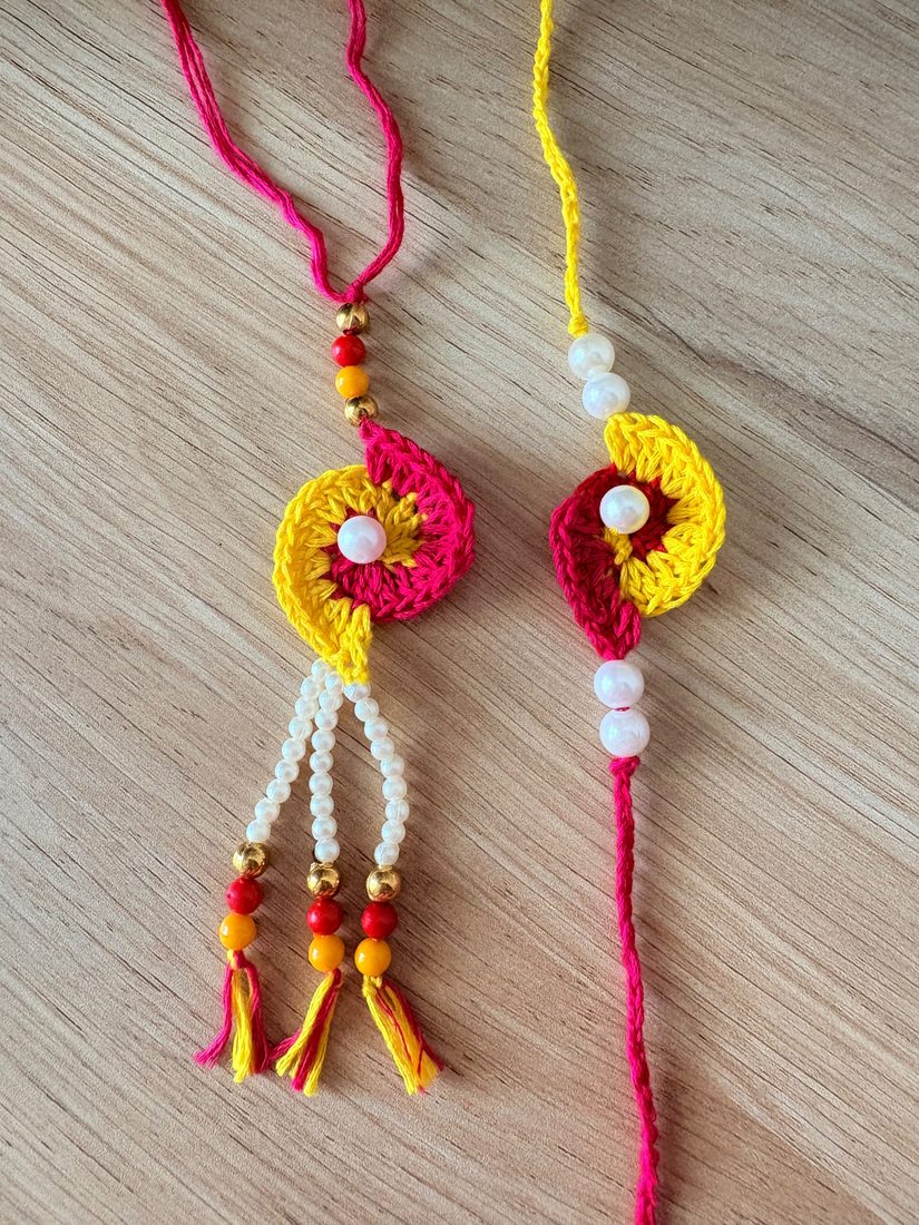 Bhaiya-Bhabhi Lumba Set — handmade crochet rakhi by TASSELA