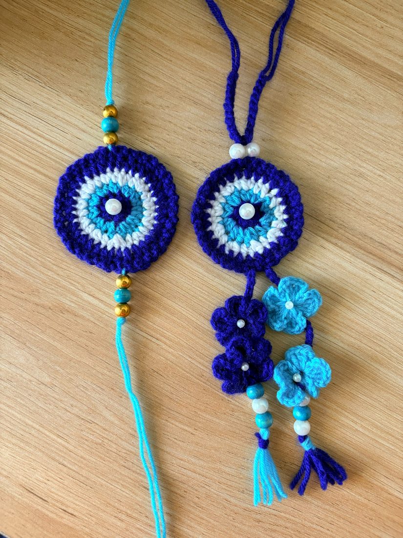 Evil-Eye Bhaiya-Bhabhi Set — handmade crochet rakhi by TASSELA