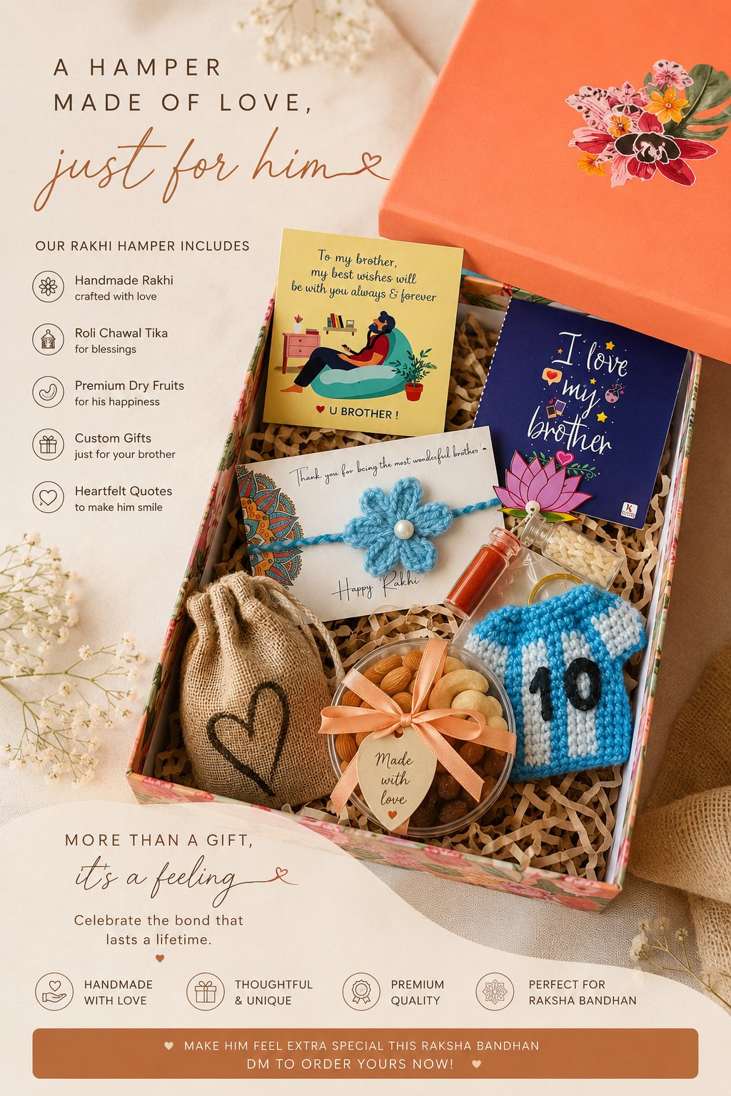 TASSELA handmade Rakhi gift hamper — rakhi, roli chawal tika, dry fruits, custom gifts and cards